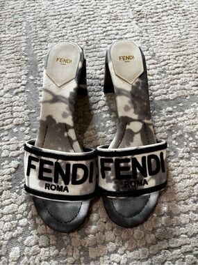 Fendi Roma Black & White Logo Slide Heels